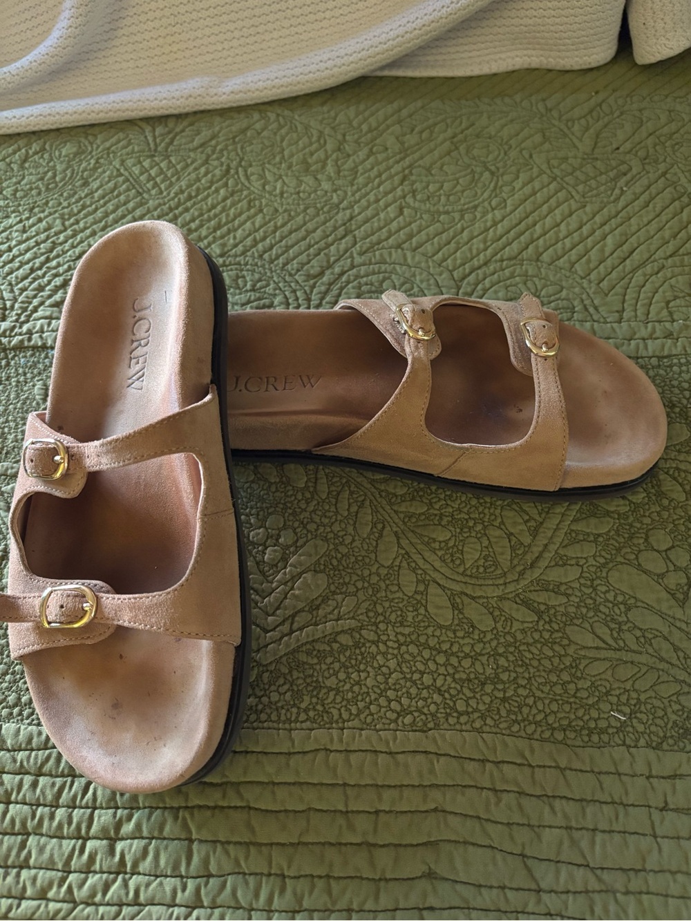 J. Crew Tan Suede Double-Buckle Slide Sandals with Gold Buckles